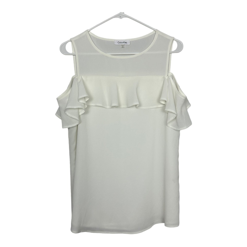Calvin Klein Womens White Tank Top Ruffle Sleeveless Shirt Size Small Crew Neck